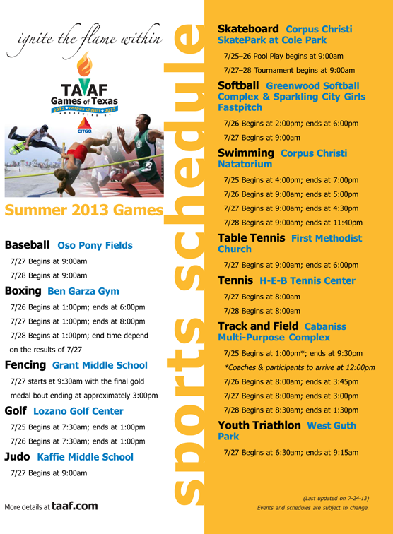 Summer 2013 TAAF Games of Texas - Sports Schedule